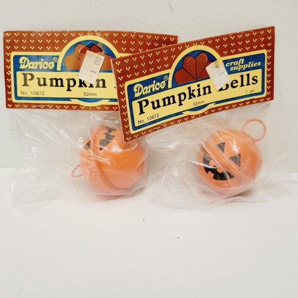2 Vtg Darice Pumpkin Orange Jack-O-Lantern Halloween Jingle Bell 52 MM - Picture 1 of 4